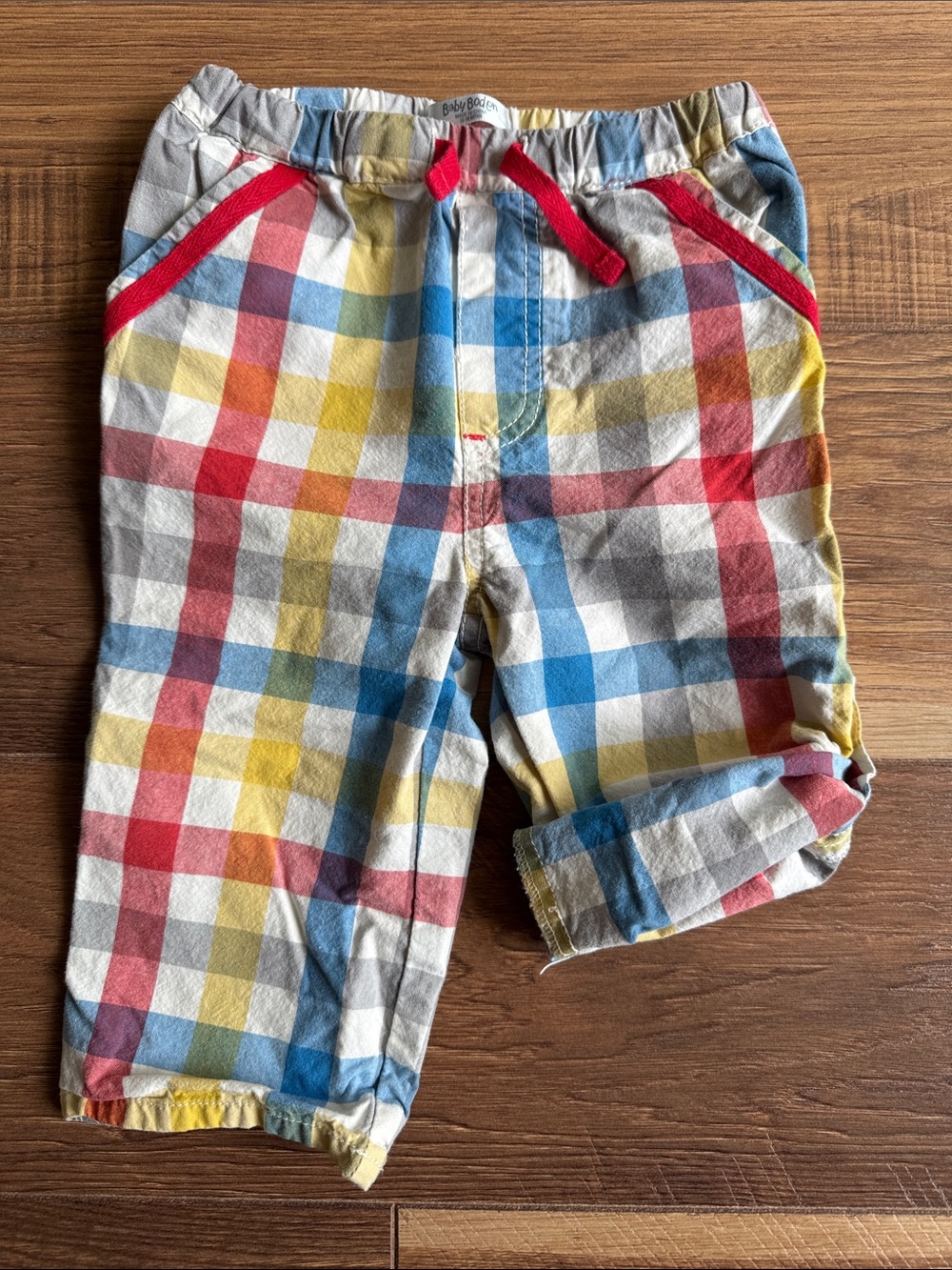 Baby Boden Multicolor Plaid Pants/Shorts with Red Drawstring